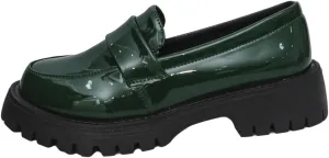 Women's Round Toe Glossy Leather Platform Loafers - Spring Slip-On Chunky Heel Flats for Business Casual & Office Wear, Lightweight & Comfortable Work Shoes