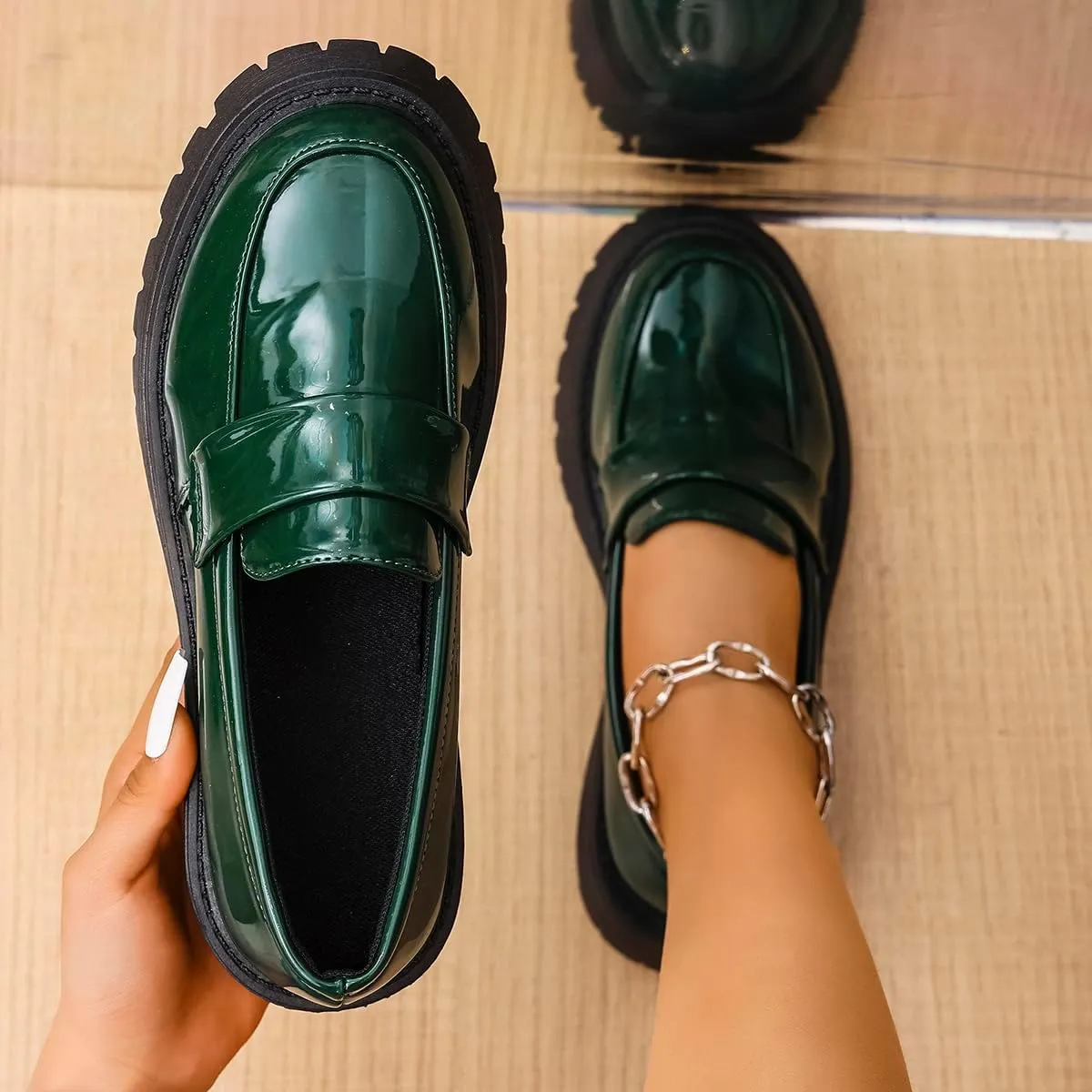 Women's Round Toe Glossy Leather Platform Loafers - Spring Slip-On Chunky Heel Flats for Business Casual & Office Wear, Lightweight & Comfortable Work Shoes