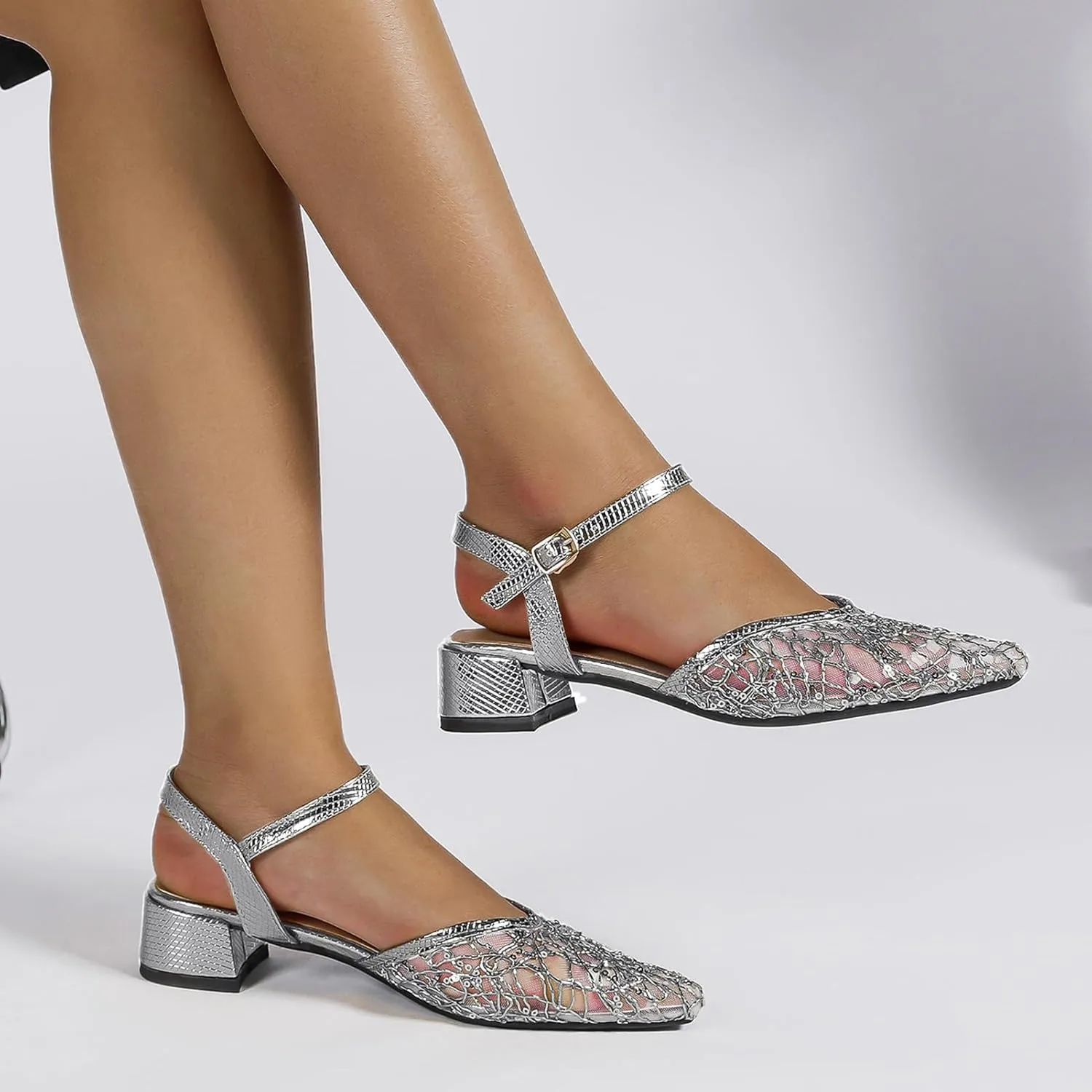 Women's Silver Flats Mesh Sandals Ankle Strap Low Chunky Heel Glitter Pointed Toe Casual Wedding Shoes Party