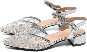 Women's Silver Flats Mesh Sandals Ankle Strap Low Chunky Heel Glitter Pointed Toe Casual Wedding Shoes Party